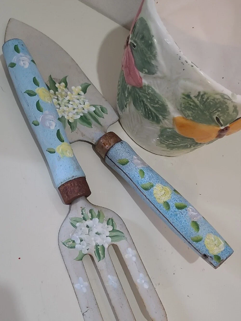 Hand-Painted Ceramic Planter with Floral Garden Tools - Blue & Yellow